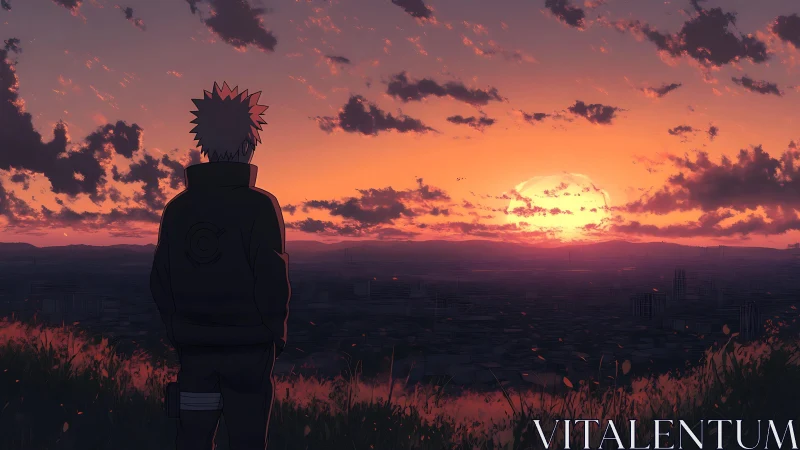 Solitary anime figure contemplates a glowing sunset cityscape