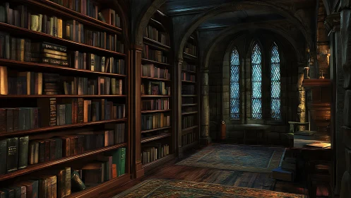 Old stone library interior with tall shelves and arched windows.