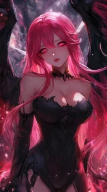 Crimson winged succubus under dark atmospheric vortex field.