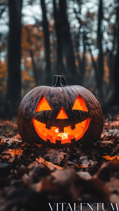Low-angle jack-o’-lantern glows in shallow-depth autumn forest