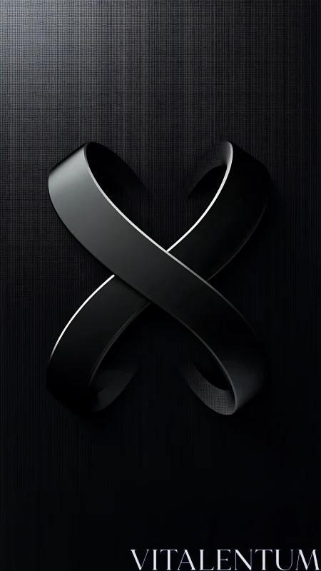 Sculpted black ribbon X with metallic textured background.