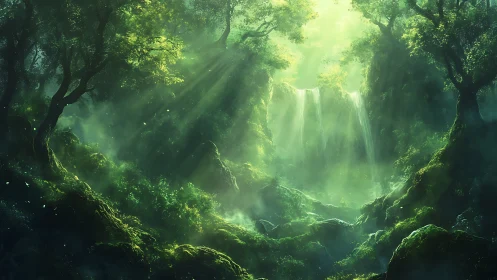 Enchanted Forest Waterfall with Magical Golden Light