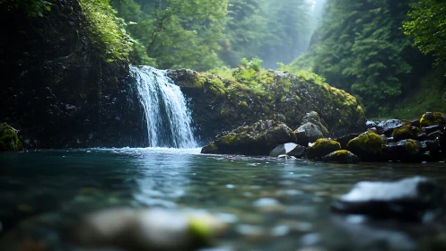 Peaceful forest waterfall over mossy rocks and clear pool.