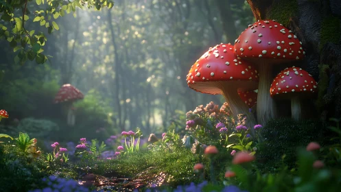 Enchanted red toadstools glow softly in a storybook forest.