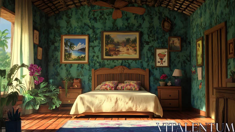 Tropical bedroom interior in warm digital painting style.