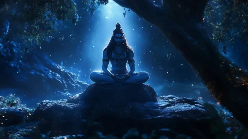 Backlit meditating figure on rocky forest altar in cool blue volumetrics