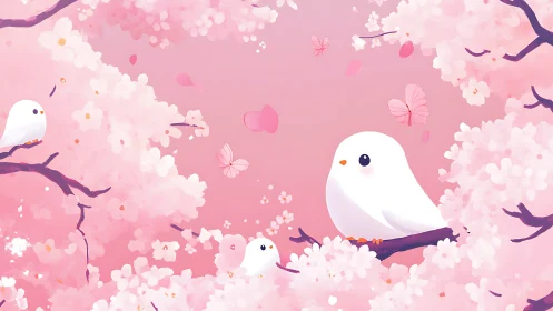 Small white birds sit on branches amid pink blossoms