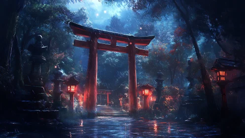 Rain-soaked torii gate glows softly in a misty forest shrine