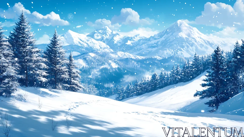 Snowy mountains welcome quiet footsteps into soft blue light