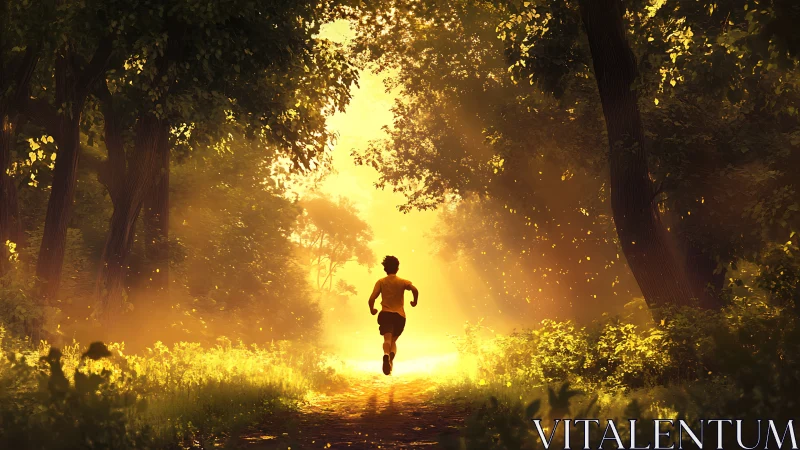 Runner races through sunlit forest tunnel of molten gold.
