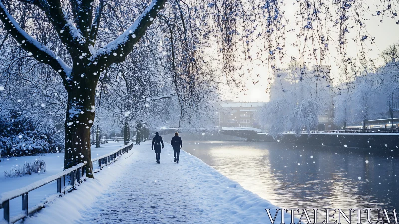 Snow-laden riverside promenade with pedestrians in motion.