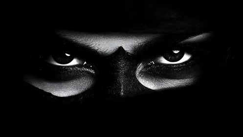 Intense monochrome eyes emerging from deep shadow focus.