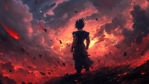 Warrior silhouette faces storm of molten cosmic clouds.