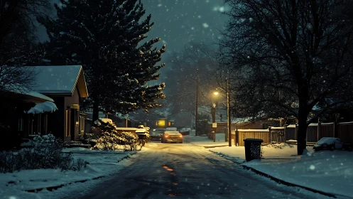 Quiet suburban street at night in falling winter snow.