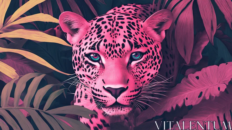 Pink leopard head is centered among dense stylized foliage