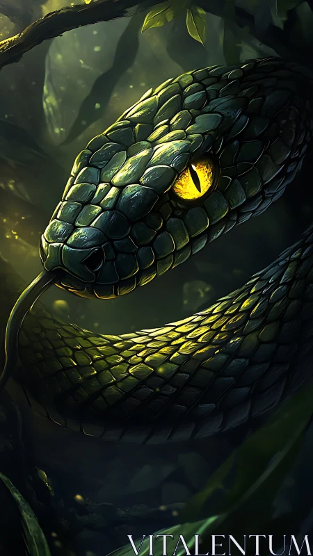 Emerald serpent coils in shadowed jungle light with lethal poise