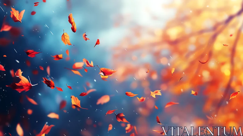 Autumn leaves drift dynamically across a soft bokeh sky