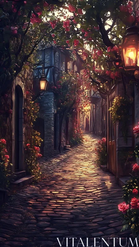 Sunlit rose-covered alleyway glowing with quiet magic.