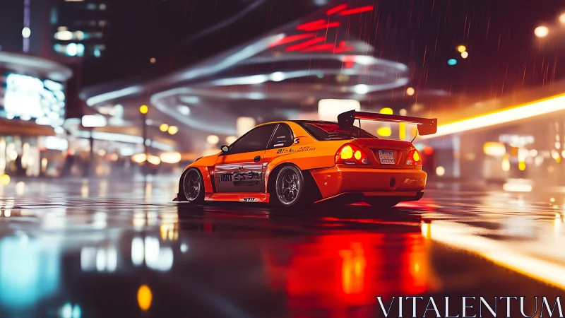 Orange street racer glowing under neon city rainlight.