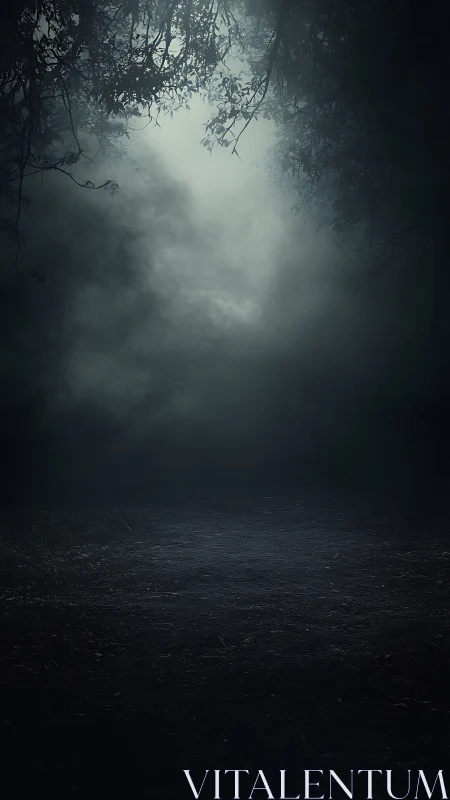 Moonlit mistway winding through a shadow-drenched forest.