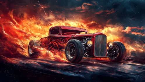 Fiery red hot rod racing through flames at night sky backdrop.