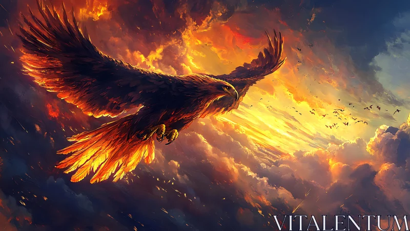 Majestic eagle soaring in fiery sunset sky, digital art style.