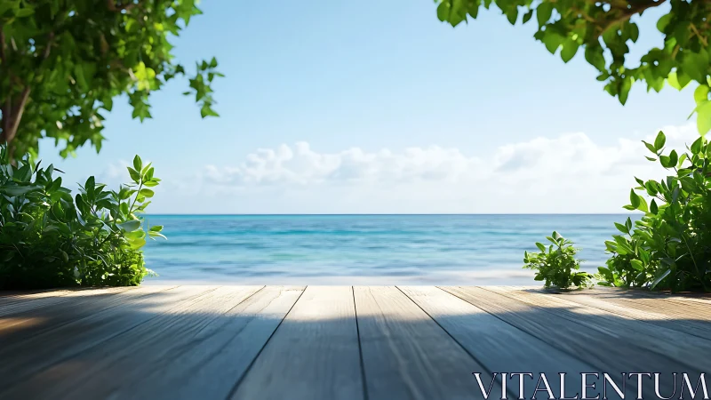 Sunlit wooden deck foreground framing calm tropical shoreline