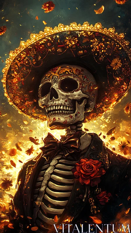 Flaming mariachi skeleton crowned in marigold splendor.