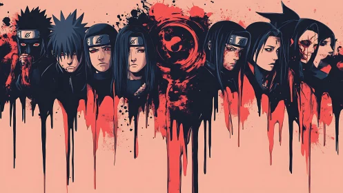 Intense anime rogues emerge from dripping crimson shadows