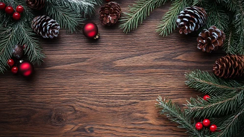 Evergreen branches and pinecones on wooden tabletop border.