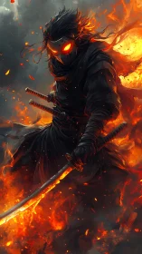 Ember-eyed shadow ronin strides through roaring inferno night.