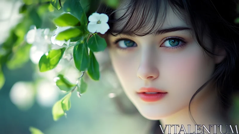 Ethereal girl gazes through soft green leaves in dreamy light