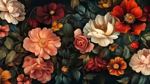 Polychrmatic floral arrangement with warm tones against dark background.