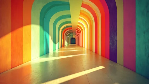 Colorful arched corridor extends into distant vanishing point.