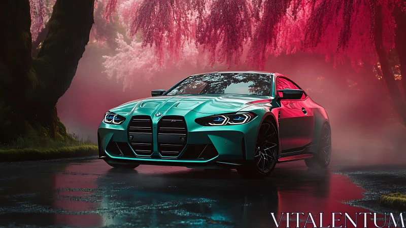 Teal performance coupe rendered in neon misted forest lane