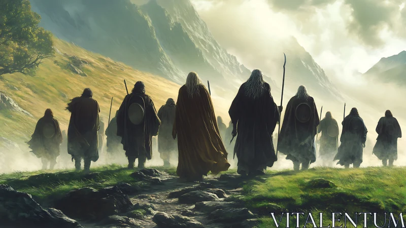 Rugged cloaked travelers cross misty mountain pass at dawn.