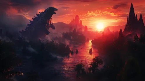 Colossal kaiju towers over fiery jungle river at sunset.