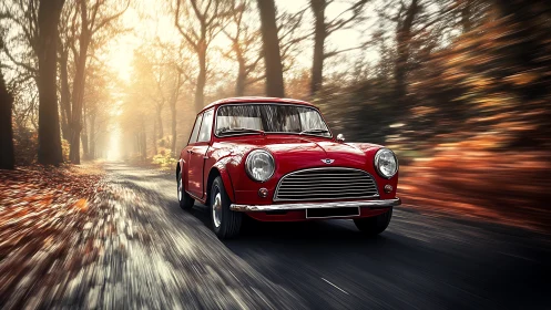 Classic red compact car in dynamic autumn forest motion blur