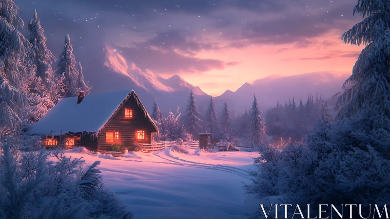 Snow-covered cabin sits in winter forest at sunset