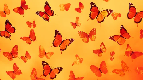 Orange butterflies in flight against uniform yellow background.