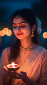 Woman holds illuminated diya in shallow depth of field portrait