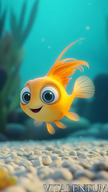Cartoon orange fish with large eyes swims above pebbled seabed