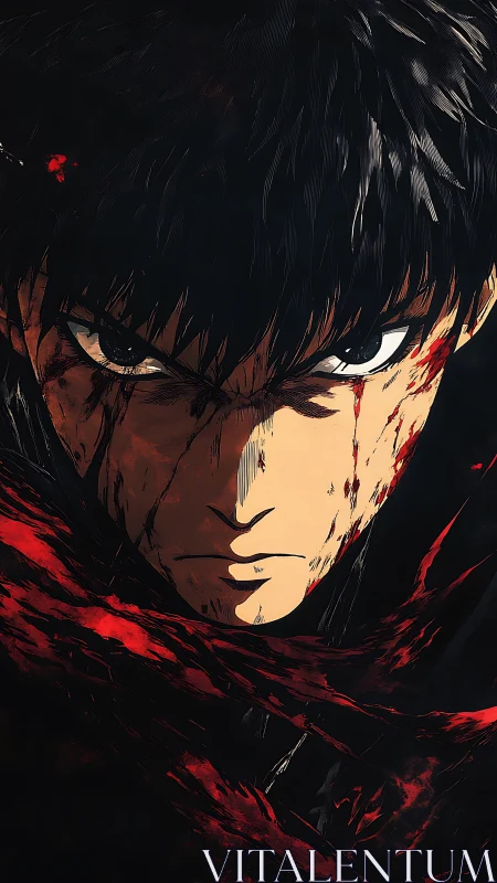 Close frontal view of intense anime face with red streaks.