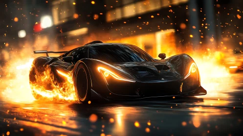 Flaming black supercar accelerates through neon city street