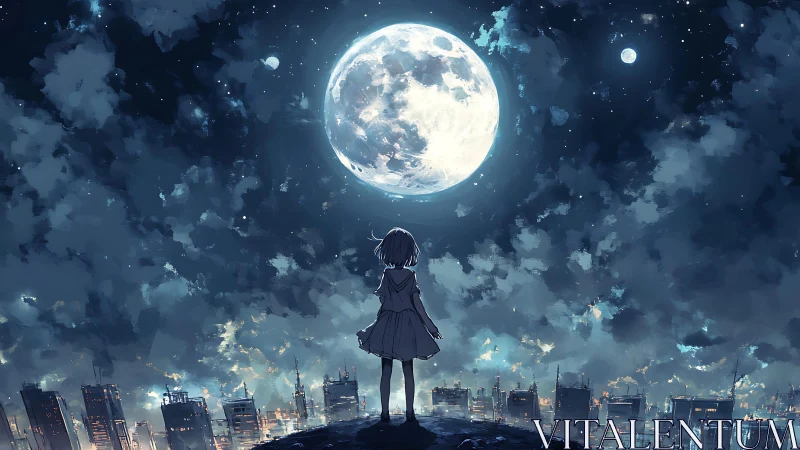 Solitary girl under colossal moon above glowing cityscape.