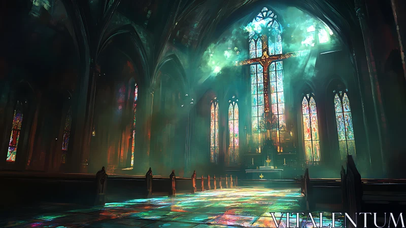 Interior of cathedral nave shows stained glass cross window