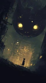 Cat figure faces giant mechanical face in smoky alleyway