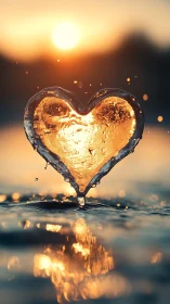 Water droplet forms heart shape against sunset sky