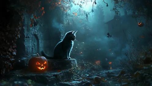 Luminescent Pumpkin and Black Cat in Ruined Gothic Architecture.