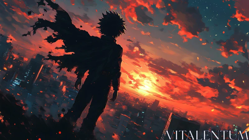Silhouetted caped figure over cyberpunk skyline at sunset